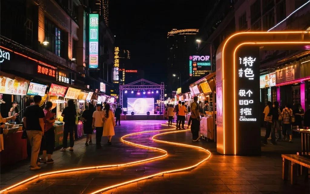 特色街区夜间动线导视设计，灯带与指示牌引导人群到夜市、舞台与商铺