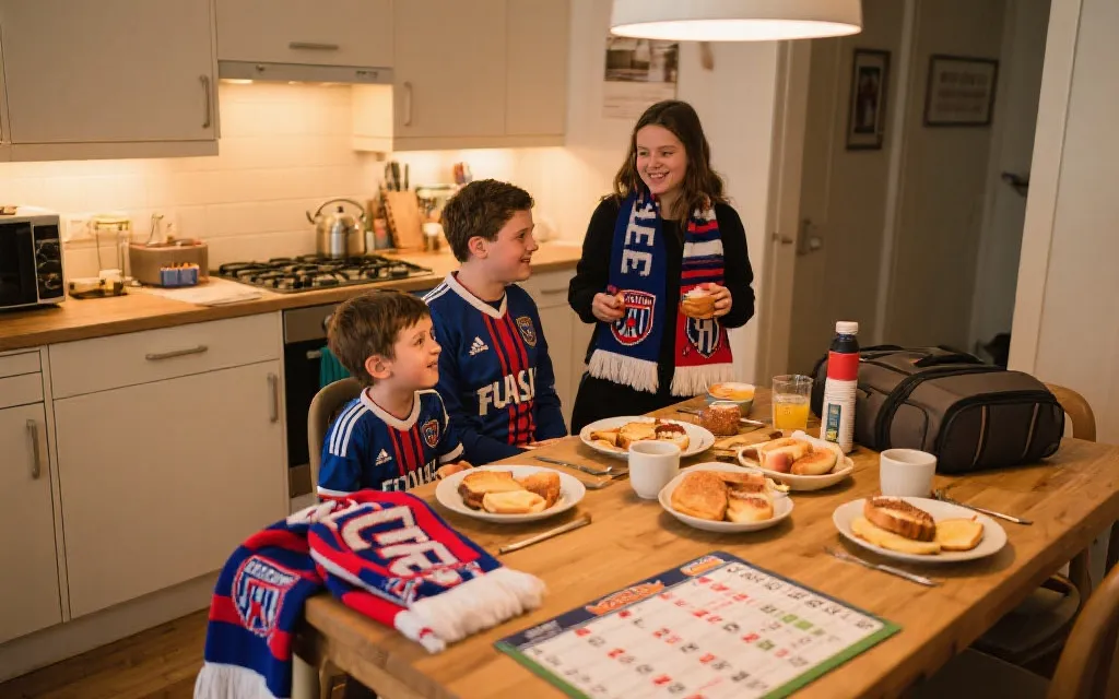 家庭在公寓厨房准备简单早餐，桌上有球衣围巾与比赛日程，温暖居家氛围