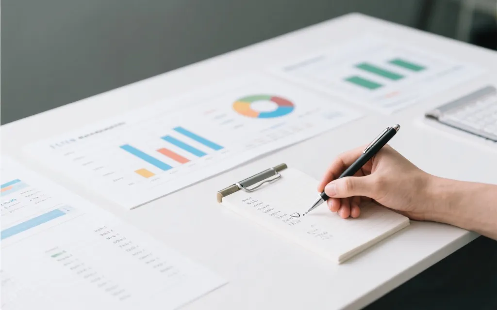 桌面上摊开笔记与数据图表，新手用清单筛选信息源的画面，冷静、专业